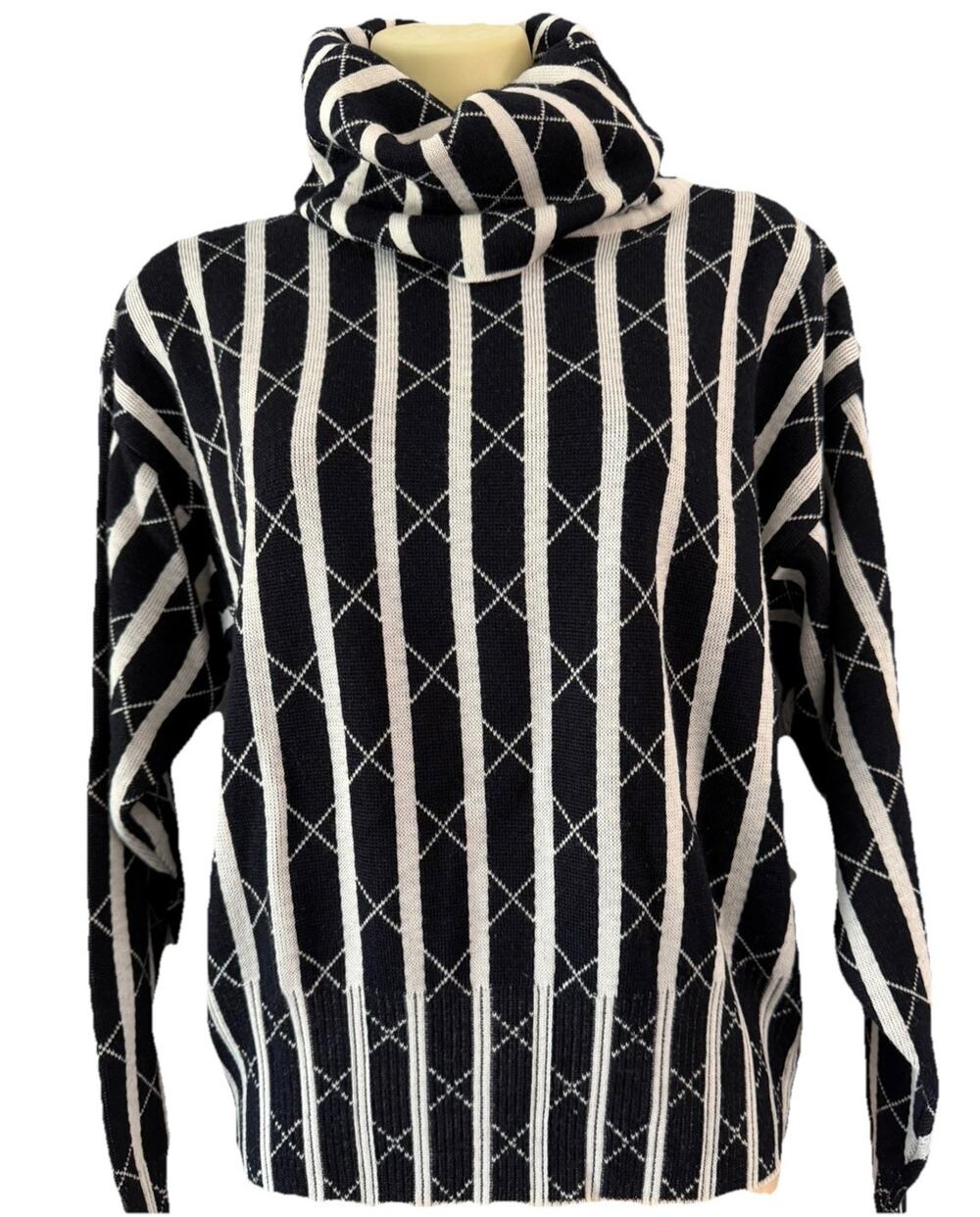 Obermeyer Jailbird Vtg Funnel Neck Ski Sweater Black White Size Medium Wool Blnd